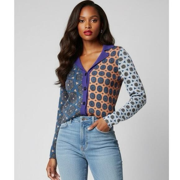 Anthropologie HWR Sweater XS Multi Geometric Long Sleeve Button Front Cardigan - Picture 1 of 6